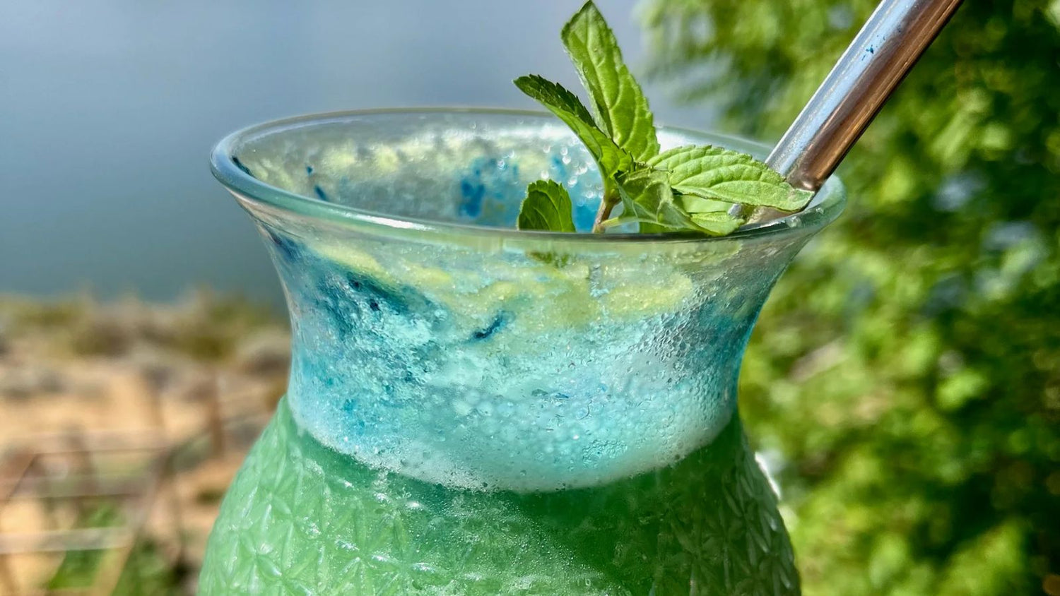 Blue-Green Mocktail Summer Cooler Recipe featuring E3AFA and BlueMAJIK Superfood Powders