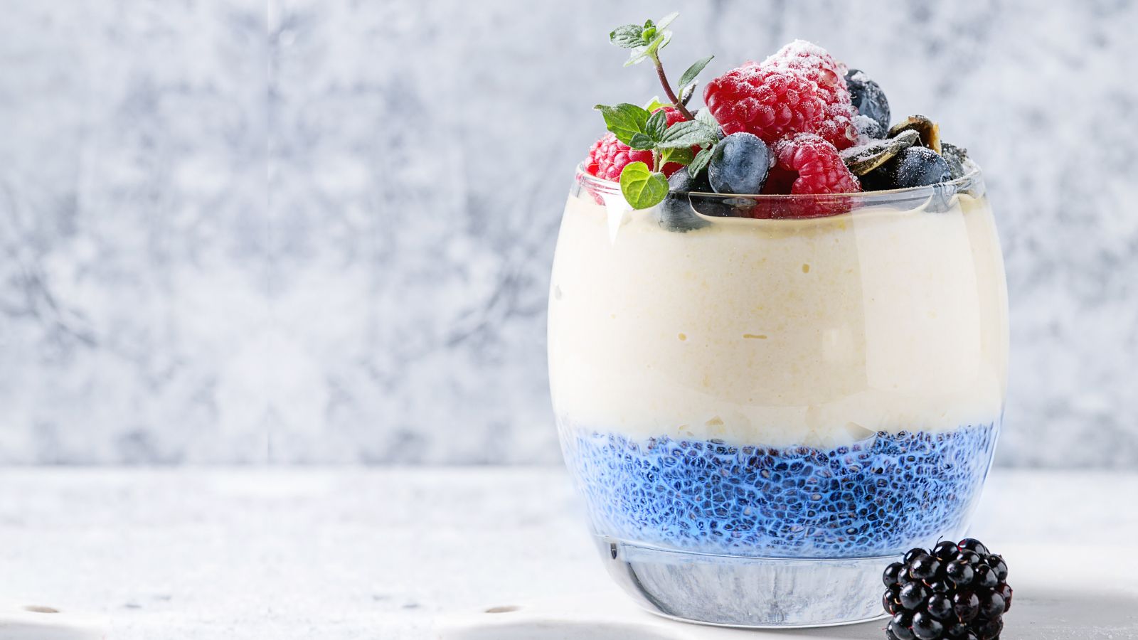 Blue Chia Seed Pudding with Vanilla Cashew Cream