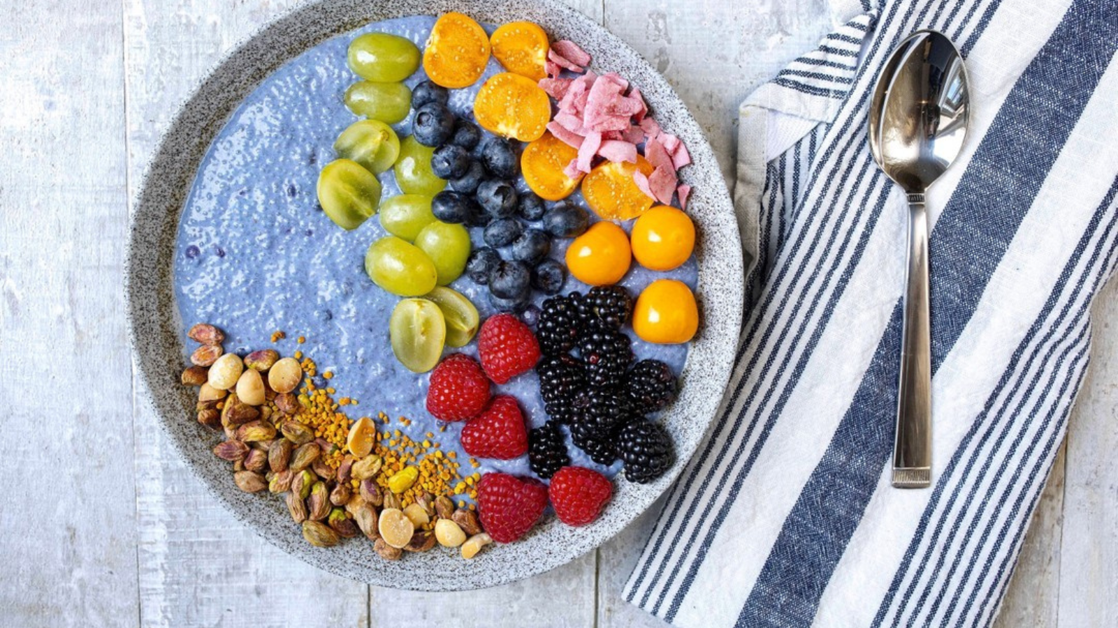 Vanilla Blueberry Chia Protein Pudding featuring BlueMAJIK powder.