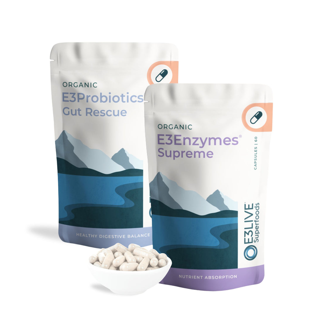 Packs of E3Probiotics and E3Enzymes Supreme with a bowl of white capsules.