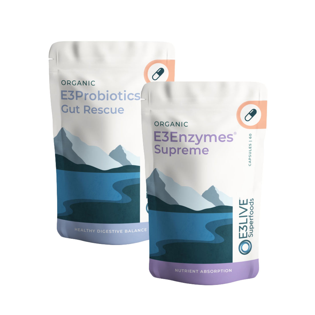 Packs of E3Probiotics and E3Enzymes Supreme